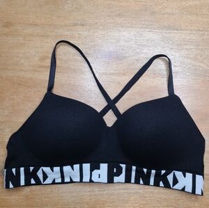 PINK Victoria's Secret Logo Band Black Strap X Bra Lightly Lined Bralette Large